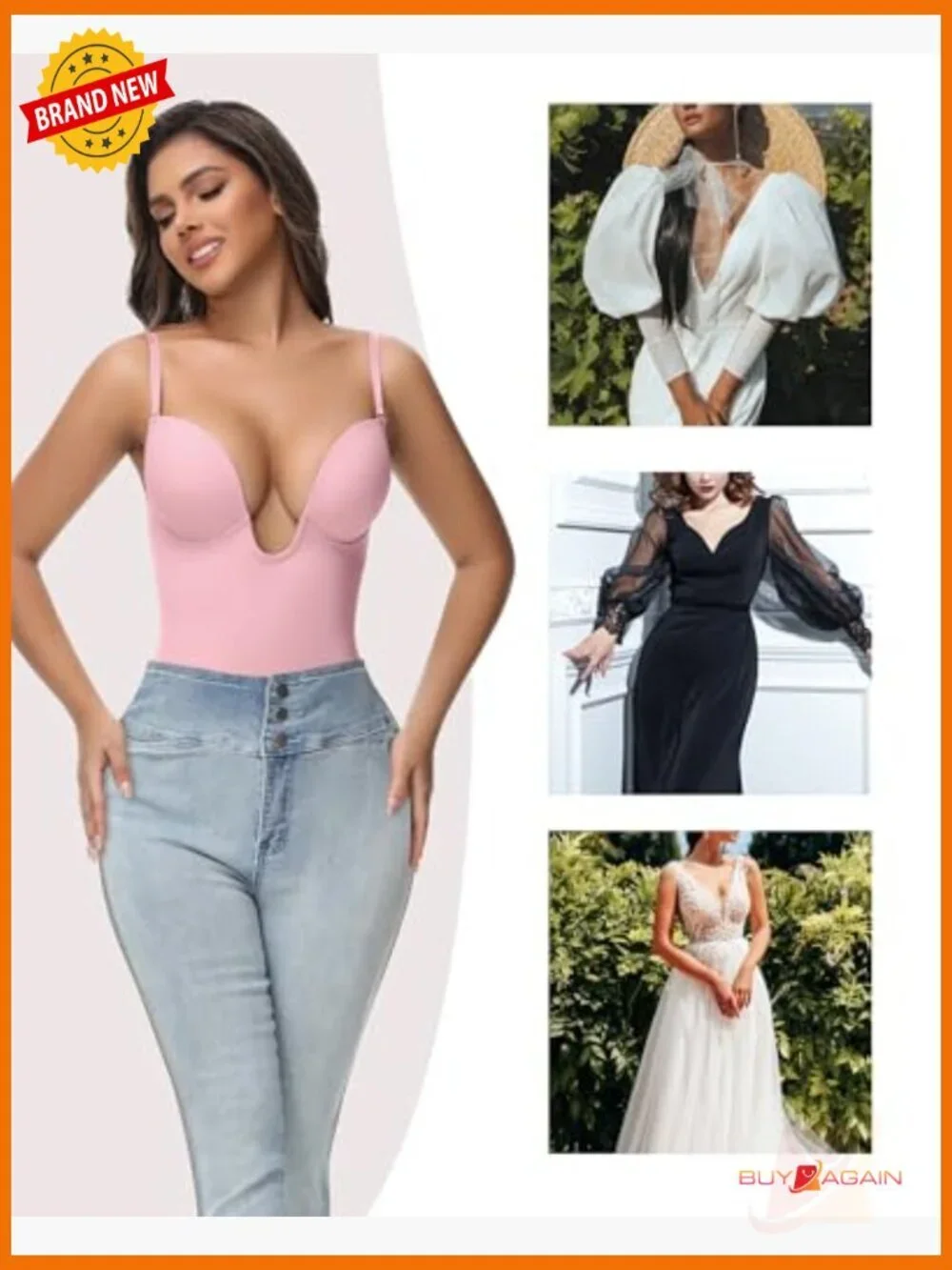 Backless Shapewear Bodysuit Strapless Deep Plunge Tummy Control Built-In Bra